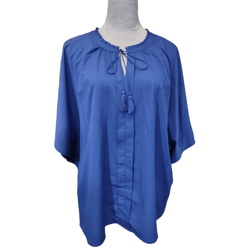C Wonder Batwing Blouse Blue Tassle Tie Pleated Neckline Top Lightweight Size XL